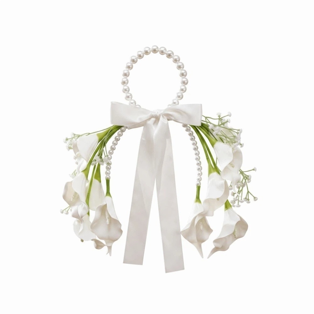 Perlenbesetzter Brautstrauß mit Satinschleife, Weiße Blüzehn, Hochzeitsblumen aus Kunstmaterial, Leichtgewichtiger Tragegriff-Strauß: Default Title