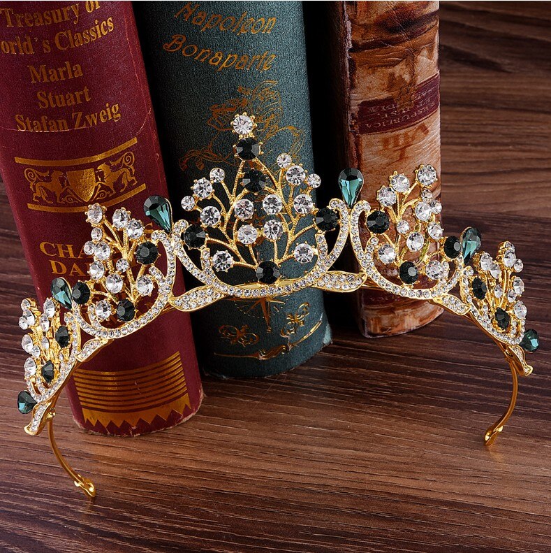 Women girls European Green Crystal Tiaras Vintage Rhinestone Pageant Crown Baroque Bridal Wedding Hair Jewelry Accessories