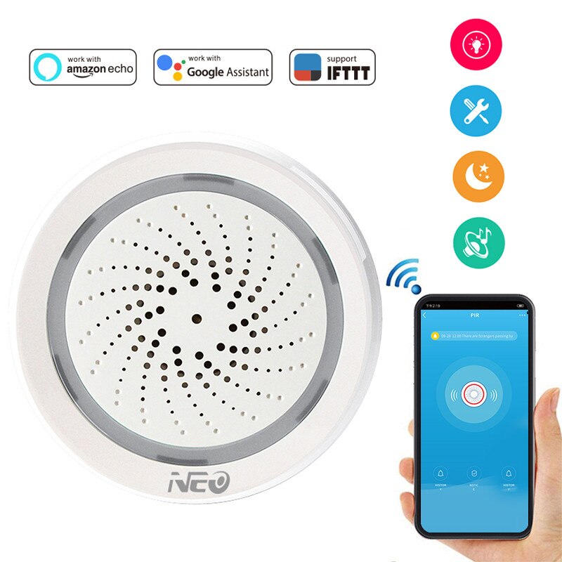 Smart Wireless WiFi Siren Alarm Sensor USB Power Via IOS Android APP Notification Plug and Play No HUB Requirement Alarm Siren