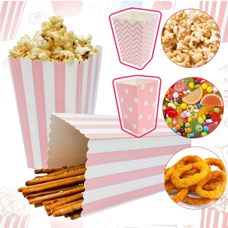 12 Uds. Cajas de palomitas de maíz de papel rosa, de lunares a rayas, cubos de cartón para dulces para teatro, Carnaval, bolsas de recuerdo de de cumpleaños