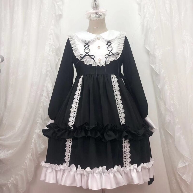 Kawaii Pink Lolita Dress Cute Lace Ruffle Doll Collar Victorian Dress Gothic Lolita Clothes Cosplay Maid Dress BL4346