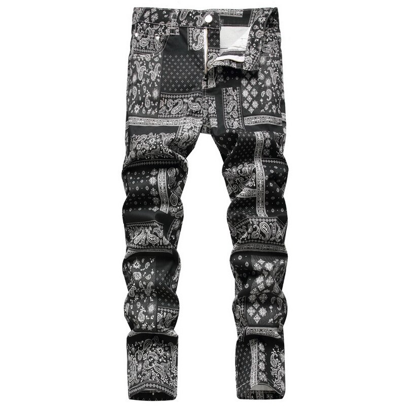 Jean en Denim extensible avec motif mouchoir imprimé pour homme, pantalon Slim, droit, noir, à la , peint numériquement en 3D