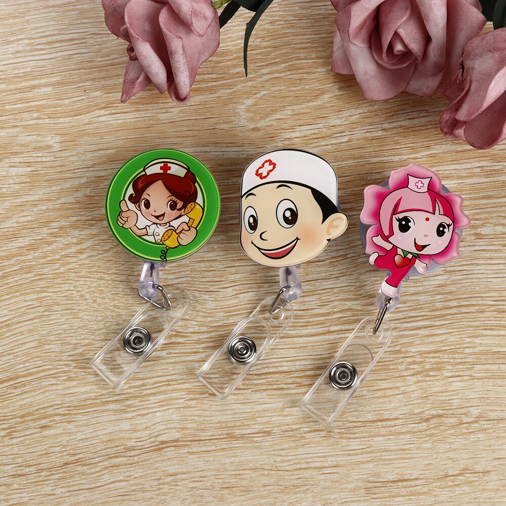 Mini Cute Cartoon Retractable Badge Reel Nurse Lanyards Student Nurse ID Name Card Badge Holder Clips School Office Supplies
