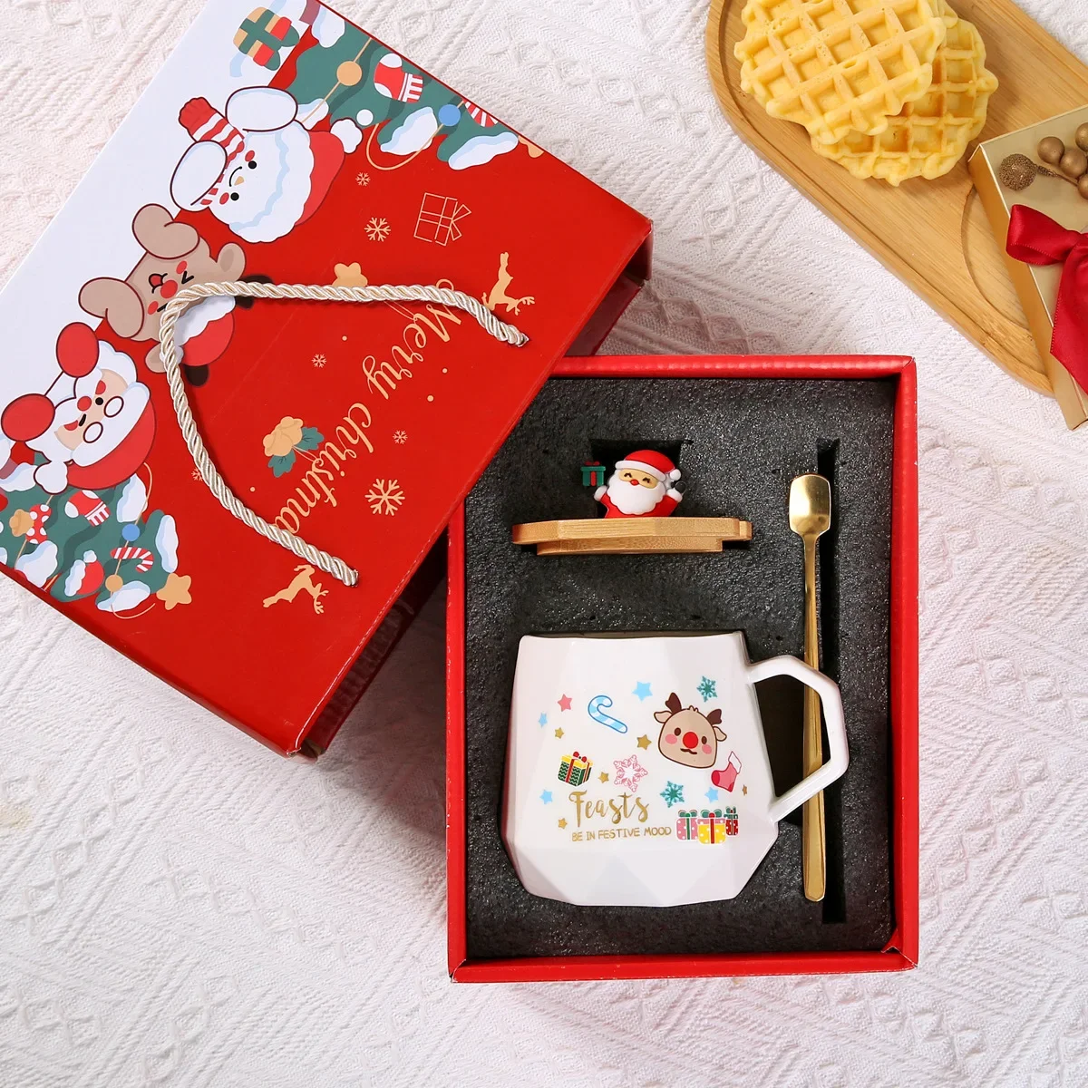 Christmas Set:Ceramic Mug with Lid Spoon Set Mug Box Featuring Santa Claus for Office or Home Use CoffeeCups: Brown