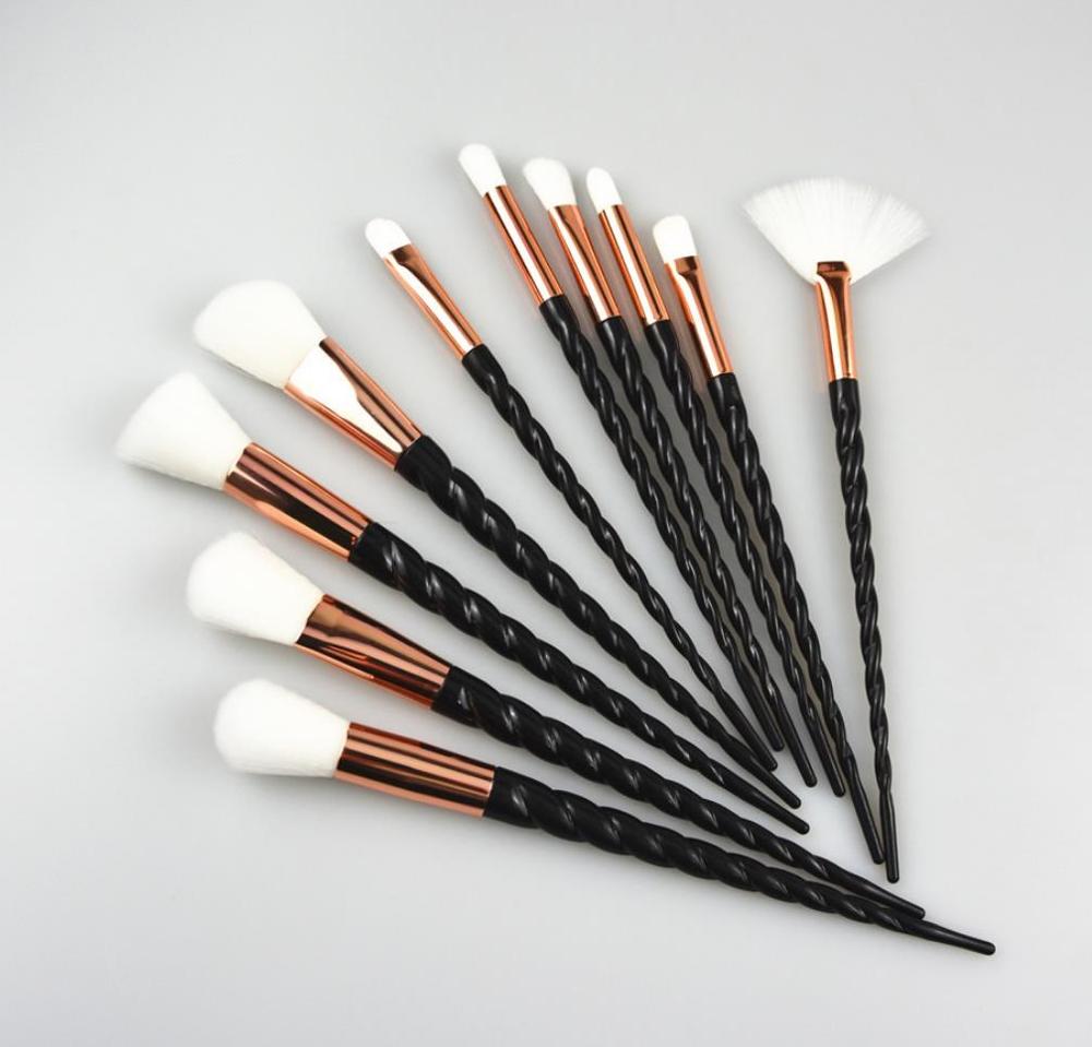 10 brochas de maquillaje de unicornio brochas de maquillaje de cuerno espiral blanco: Black