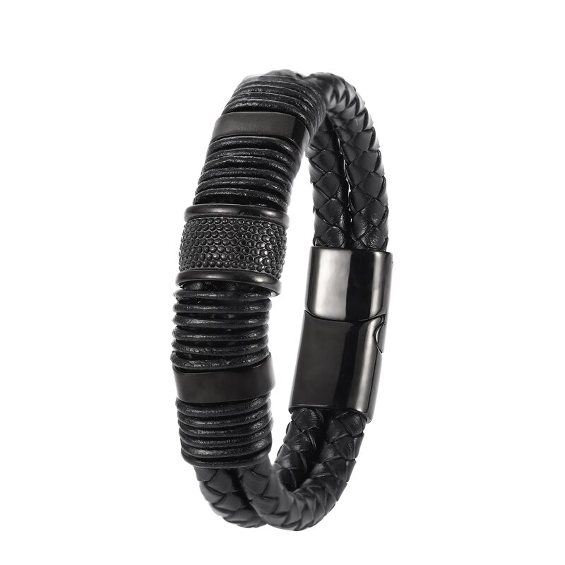 MingAo Stainless Steel Charm Charkra Magnetic Black Bracelets for Men Leather Leather Tennis Bangles Jewelry Accessories Friends: black / 22.5cm