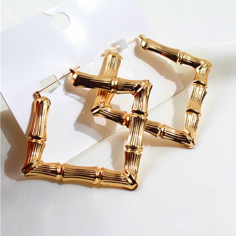 Hip Hop Gold Color Metal Large Square Bamboo Earrings Big Circle Bamboo Joint Hoop Earrings For Women Jewelry Party