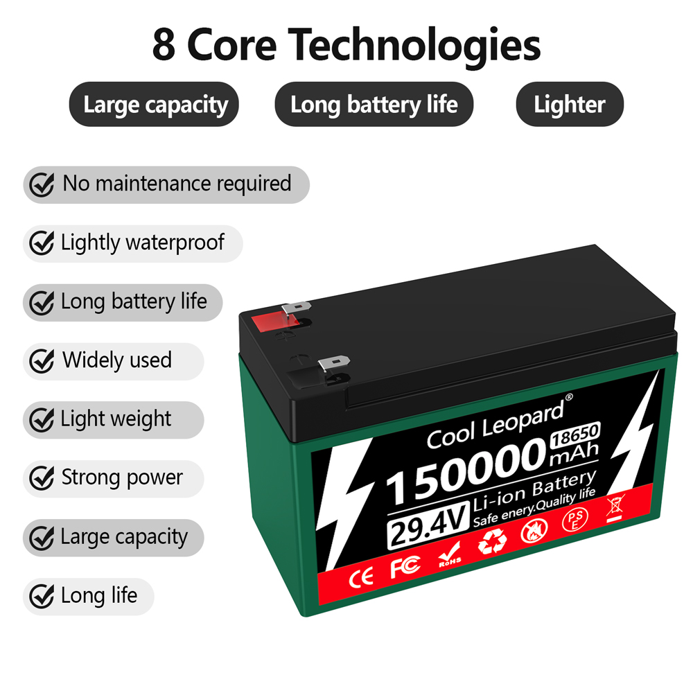 24v batterier 150ah 18650 litiumbatteripaket uppladdningsbart batteri för solenergi elfordonsbatteri +29.4v 2a laddare