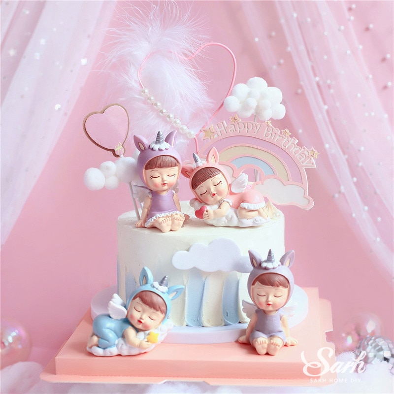 Zitten Blauw Roze Jongen Meisje Decoratie Eenhoorn Gelukkige Verjaardag Kinderen Cake Toppers Voor Wedding Feestartikelen Bakken Zoete