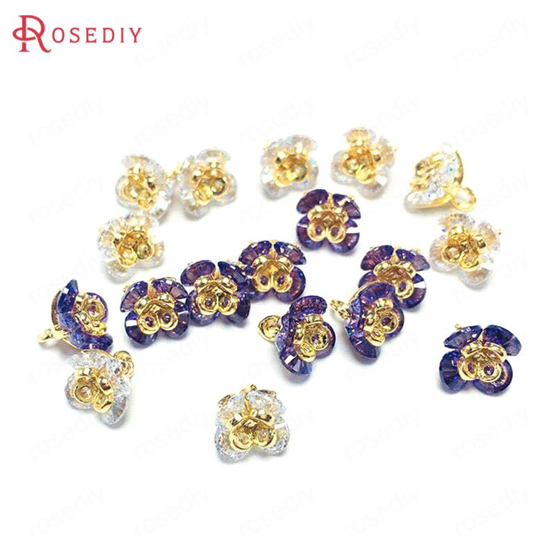 (37101)6PCS 7x7MM 24K Champagne Gold Color Brass and Zircon 3D Flower Charms Pendants Jewelry Making Supplies Diy Accessories