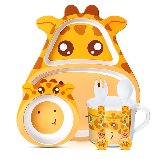 5 unids/set bebé plato niños de dibujos animados de alimentación platos niños Natural de fibra de bambú de vajilla con tazón tenedor Copa cuchara de placa: giraffe
