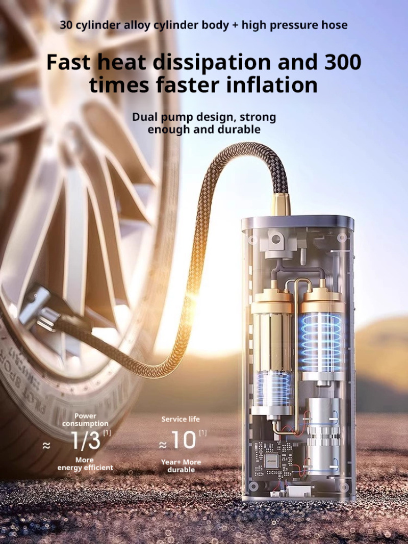 Trådlös uppblåsbar däckpump däcktryckspump helt i metall med lås för extra stark och kraftfull nödsituation