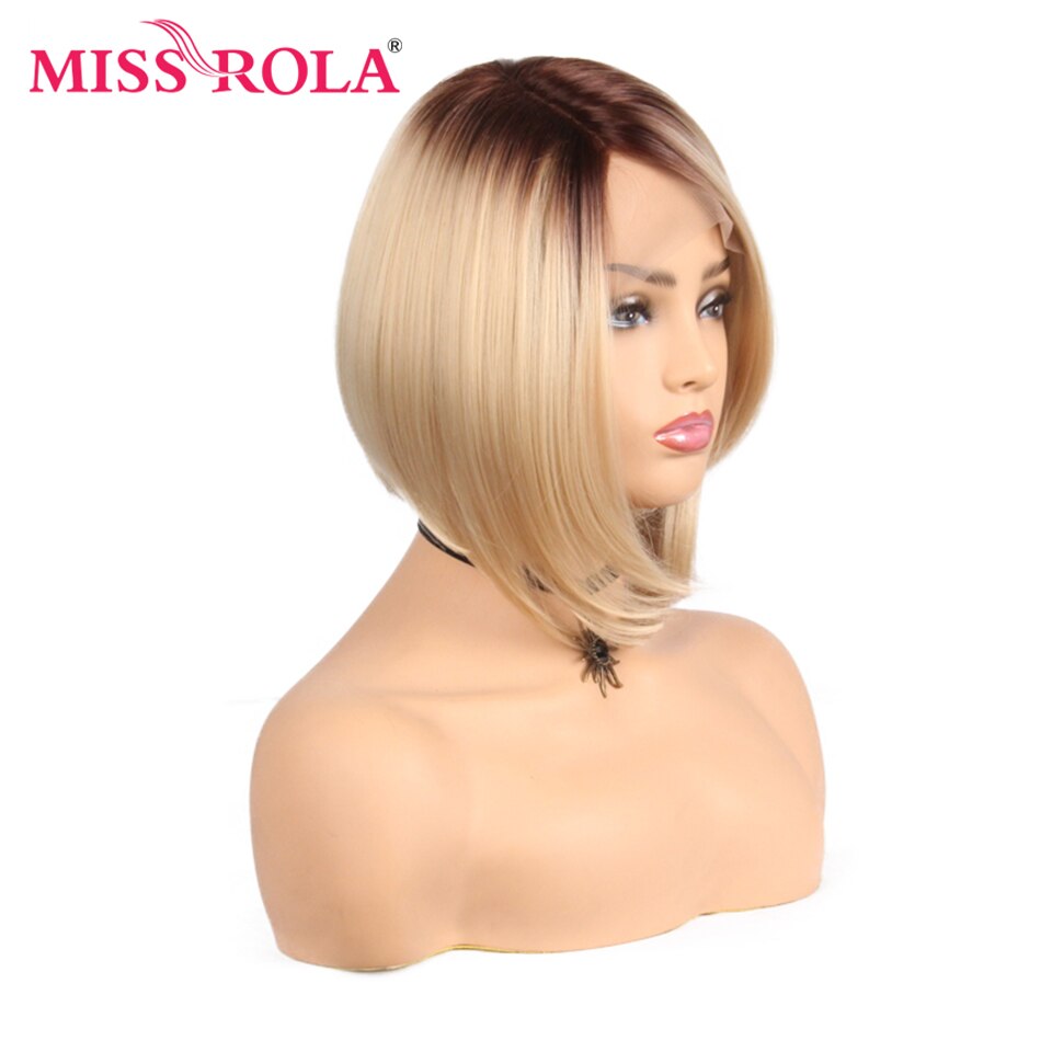 Miss Rola Synthetisch Bob Pruik Lace Front Pruik Korte Rechte Synthetische Pruik Met T Lace Deel Sluiting Ombre Blonde Kleur 150% Dichtheid