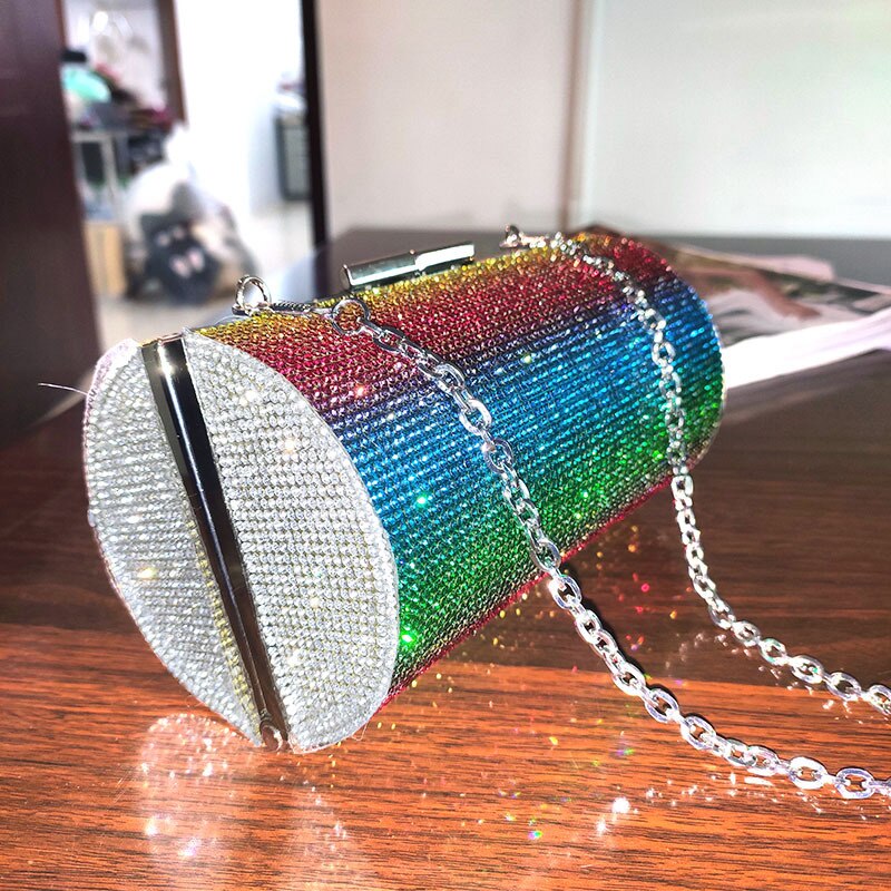 Luxury Diamonds Evening Clutch Bag Rainbow Women Shoulder Crossbody Bags Rhinestone Chains Clip Lady Party Small Purses