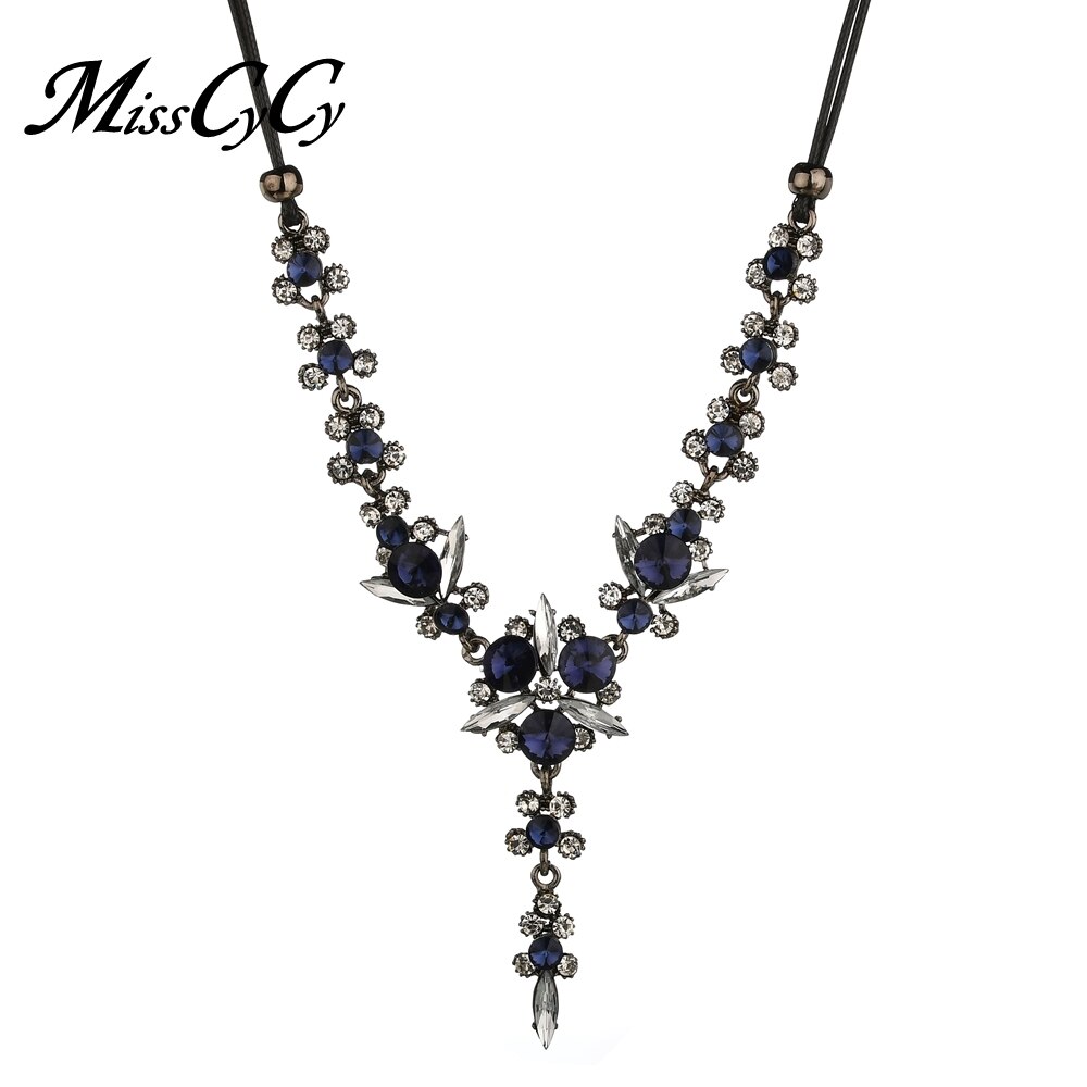 MissCyCy Bohemian Vintage Rhinestone Bloemen Ketting voor Vrouwen Blue Crystal Lange Ketting Mode-sieraden