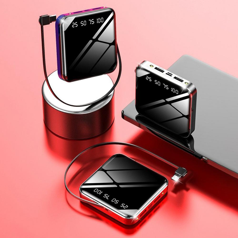 10000 mah powerbank met kabel, snel opladen, digitaal display, mini-spiegel powerbank 20000 3 in 1 externe batterij, powerbank