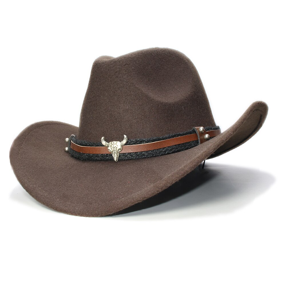 Large Plus 61cm Retro Women Men Wool Wide Brim Cowboy Western Cowgirl Hat Funeral Formal Fedora Cap Bull Head Oxhead Braid Band: Auburn
