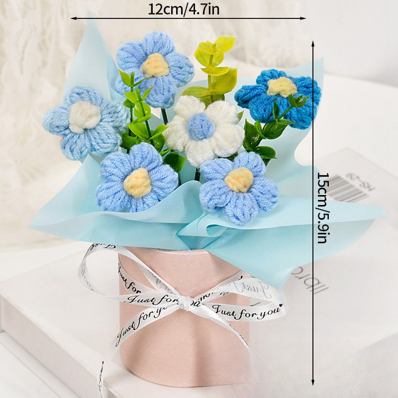 Ramo de margaritas de flores tejidas de ganchillo, del Día de la madre, flores artificiales, decoración del banquete de boda, decoración de ramo tejido DIY: Azul oscuro