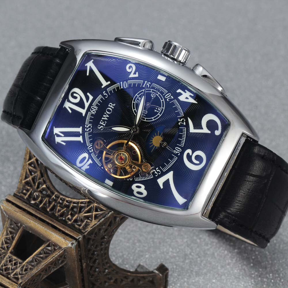 SEWOR Luxury Tourbillon Watches Men Automatic Mechanical Watches Tonneau Watches Casual Men Watches Moon Phase reloj