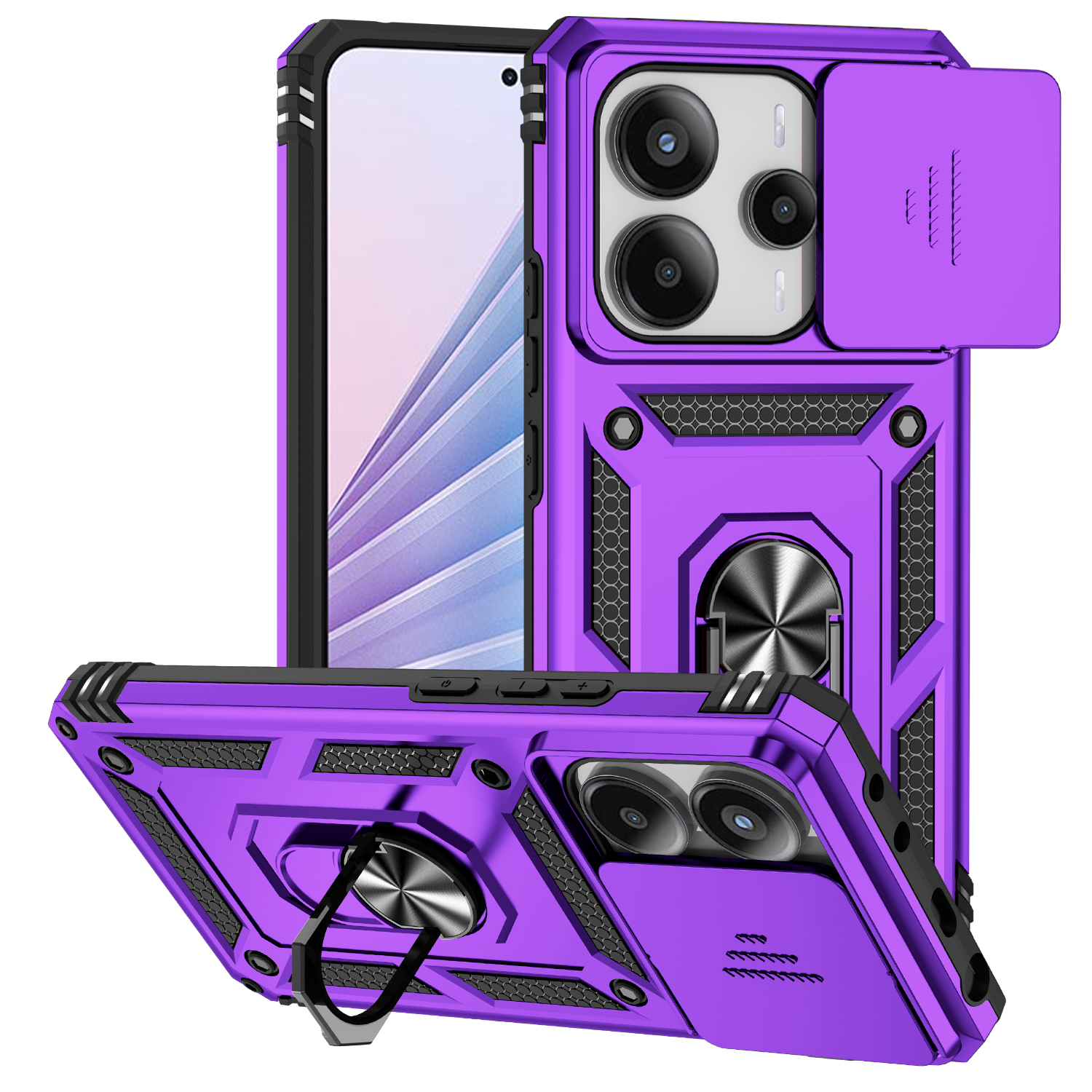 For Redmi Note 14 13 5G 4G Poco X7 Pro Note 13 Pro 5G 4G Case Ring Stand Slide Camera Lens Armor Funda for Xiaomi 14T Pro Cover: ABS / PURPLE