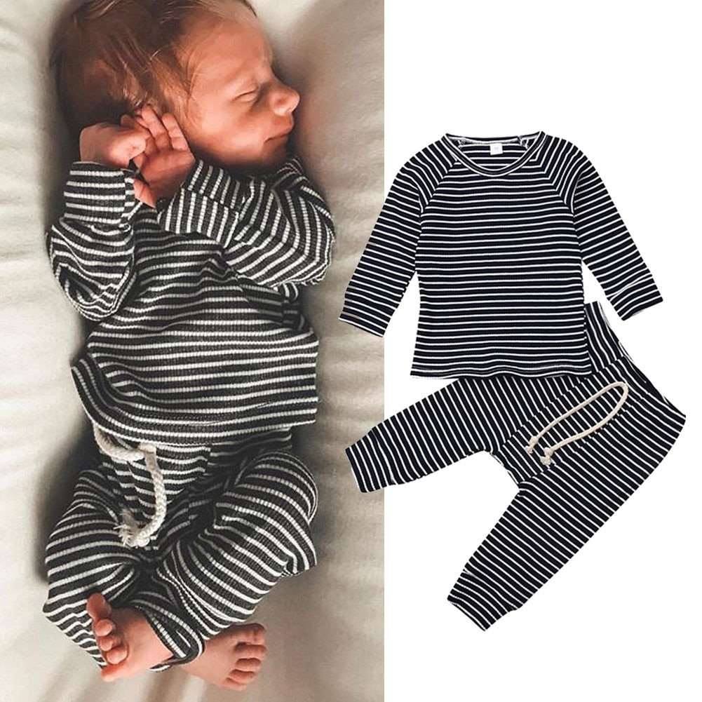 Pasgeboren Baby Boy Twee Stukken Pyjama Set Lange Mouw Strip Top En Broek Set Slapen En Spelen Pak Herfst Pasgeboren baby Nachtkleding Set