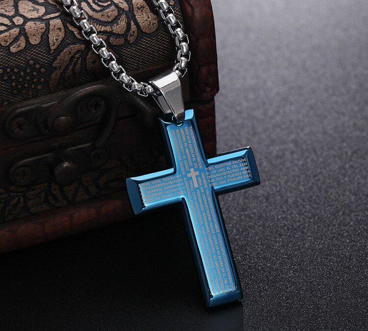 Retro Christian Jesus Single Titanium Scripture Cross Necklace Stainless Steel Black Prayer Choker Cross Pendants For Men Colar: Blue