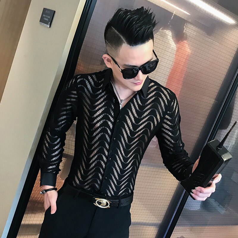 Koreanske plus size mænd skjorter afslappet efterår mænd tøj hul blonde skjorte herre match camisas para hombre 4xl