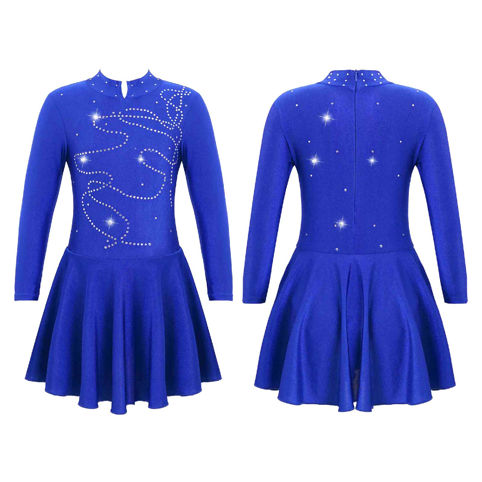 Girls Shiny Figure Ice Skating Dress Sparkling Rhinestone Long Sleeve Dress Ballroom Dance Wear Ice Skating Competition Costume: Royal Blue / 16