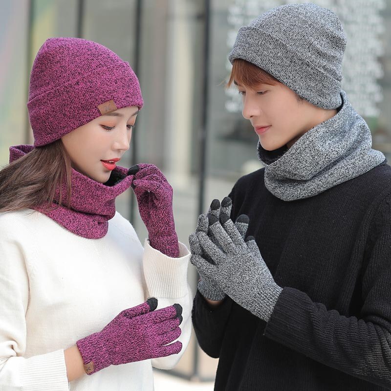 3 Pce/Set gorro bufanda guantes par invierno a prueba de viento grueso bufandas Kit de de Punto más terciopelo sombrero bufanda conjunto para hombres y mujeres
