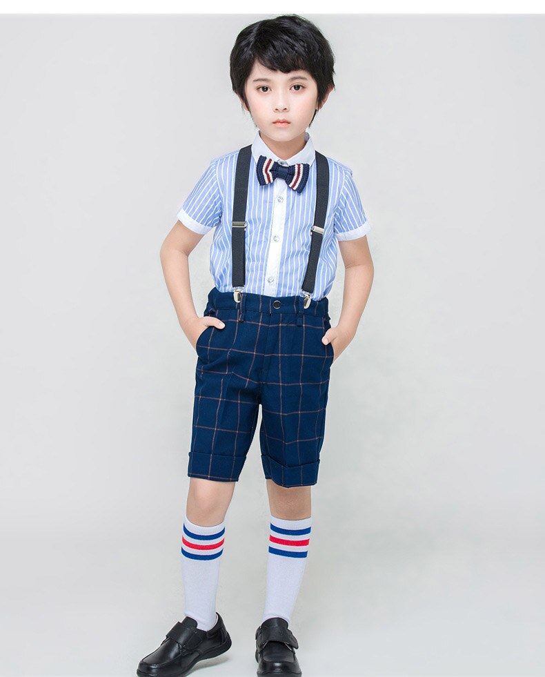 Kids British style School Uniform for Girls Boys Blue Shirts Top Navy Pleated Skirts Pants Clothes Tie Set Students Outfits Suit: 4 pieces suit Boys / 140 height 130-140cm
