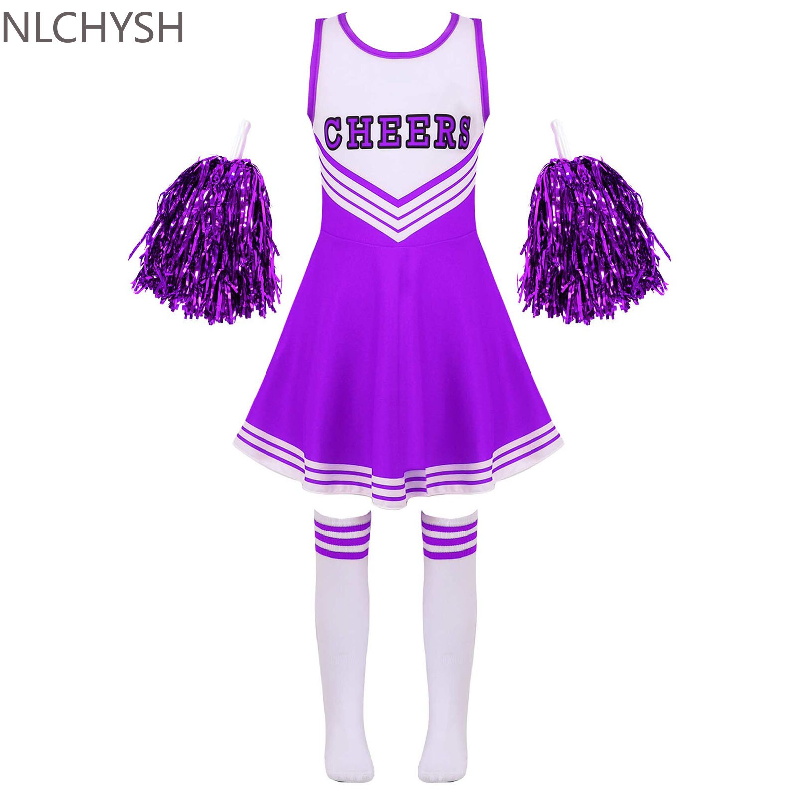 Mädchen Cheerleading Uniform tanzen Kostüm freundlicher Cheerleader Outfit Runde Ausschnitt Patchwork Stil tanzen Kleid Blume und Socken: Lila / 110
