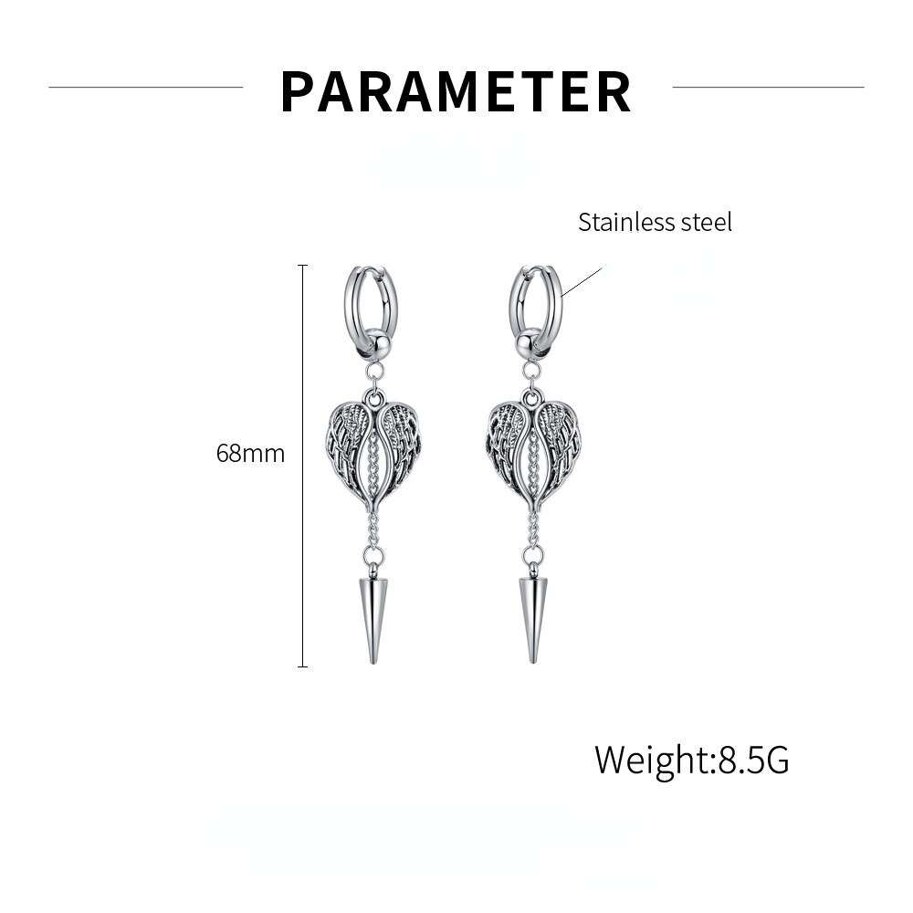 Hip-Hop Wing Tapered Nails Long Tassel Dangle Earrings Stainless Steel Star Punk Earring for Men Cool Jewelry