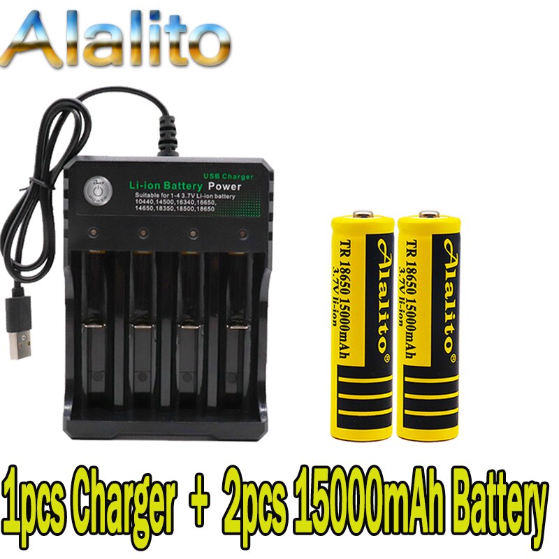 18650 battery 3.7V 15000mAh rechargeable liion battery for Led flashlight battery 18650 battery +USB charger: White