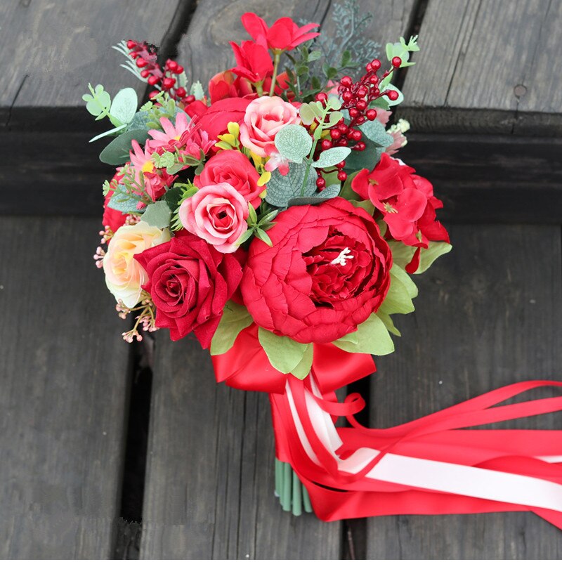 JaneVini Red Peony Rose Bruid Boeket Westerse Bruidsboeket Kunstmatige Eucalyptus Bruidsmeisje Bloemen Broche Accessoires: Rood