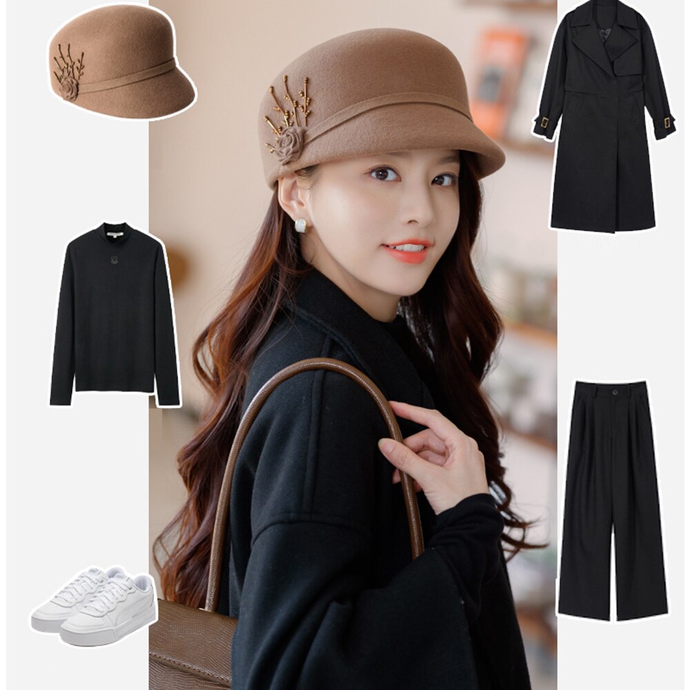 FS 2021 inverno caldo feltro di lana da donna cappellino da strillone cappelli berretto da donna coreano cappello a visiera pittore cappellini con accessori di fiori di lana