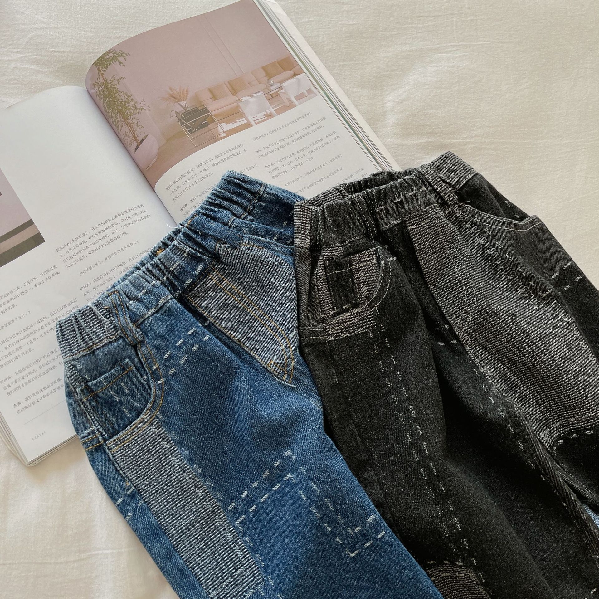 Children's Jeans Autumn Girls and Boys Personality Line Patchwork Color Jeans Casual Pants