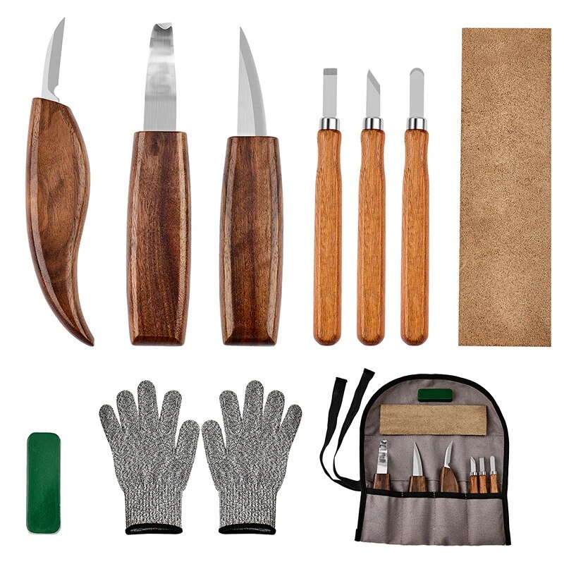Juego de herramientas para tallar madera con detalle, cuchillo para tallar madera, cincel para madera, guantes, afilador de cuchillos para tallar, herramientas de carpintería, 10 Uds.
