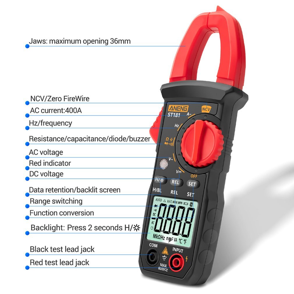 ST181/182 Digital Clamp Meter DC/AC Current 4000 Counts Multimeter Ammeter Voltage Tester Car Amp Hz Capacitance NCV Ohm Test