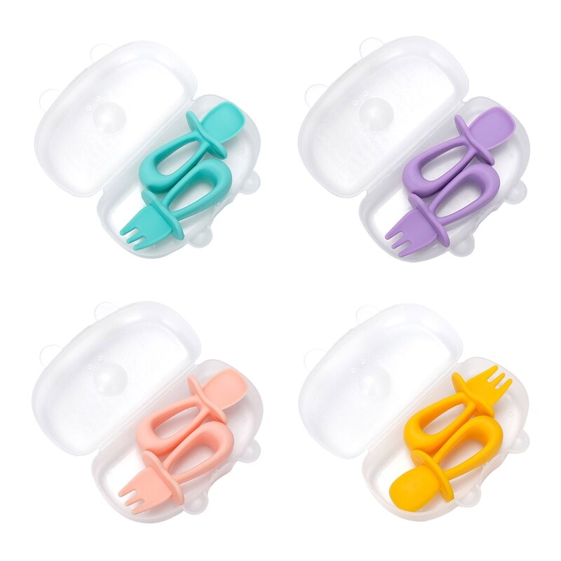 2 stuks/set babytraining korte steel siliconen vork lepel set baby servies