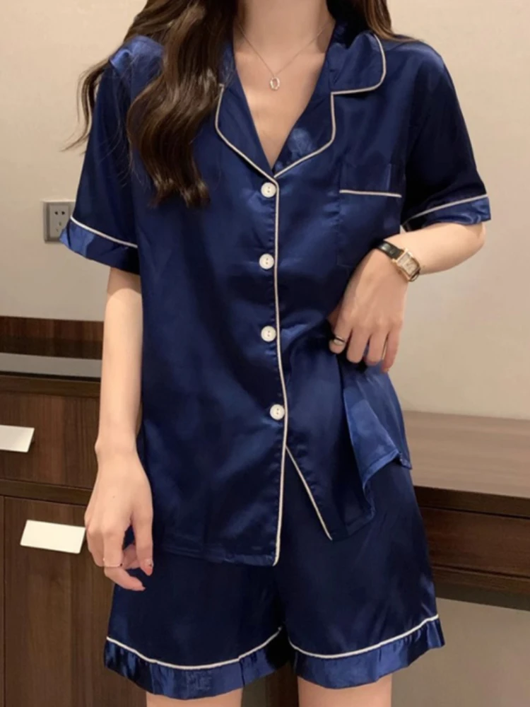 Summer Blue Women's Pajama Set Faux Stain Sleepwear V-neck Pyjama Button Top Shorts Slim 2-piece Female Nightgown Loungewear