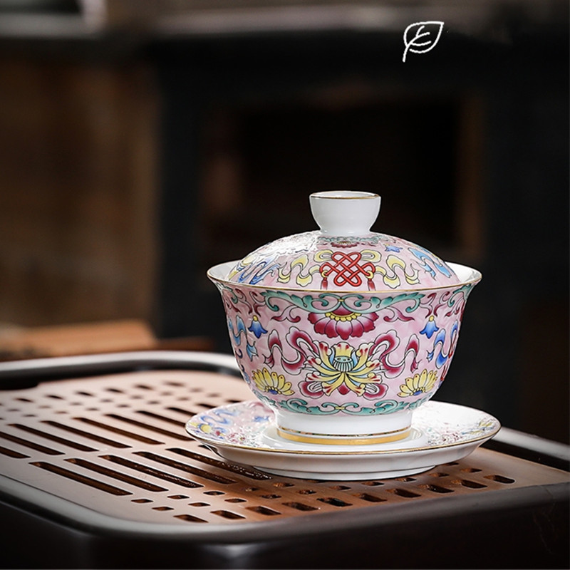 Farverig emalje gaiwan kinesisk te ware sancai te skål service te kop og underkop sæt 150ml tekop te maker