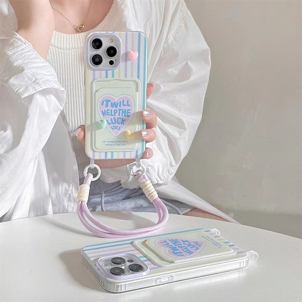 Coréen coloré 3D amour coeur carte sac lanière coque de téléphone pour iPhone 15 14 13 12 Pro Max 11 mignon Anti-chute portefeuille couverture Fundas