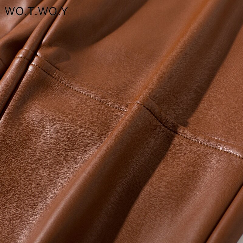 Wotwoy elastisk hög midja fleece raka skinnbyxor kvinnor löst lapptäcke konstläder byxa kvinnor fickor mujer pantalone