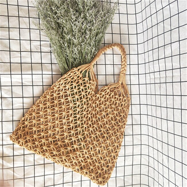 Bevölkerung Baumwolle Seil Hohl Stroh Tasche schier Macrame Tote Böhmischen Ultraleicht Schulter Tasche Netz Tasche Jahrgang retro schick handtasche: Kakifarbig