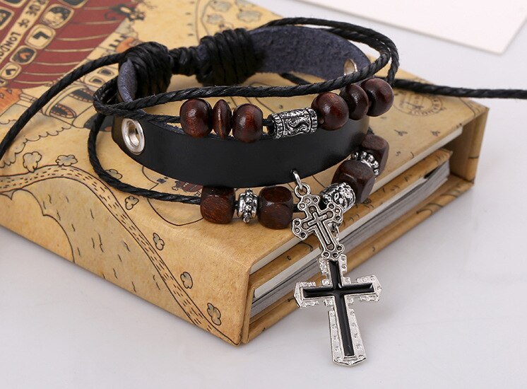 4 Layers Charm Bracelet for Women Men Leather Rope String Beads Jesus Christ Cross Jewelry 17cm Adjustable Handmade: black