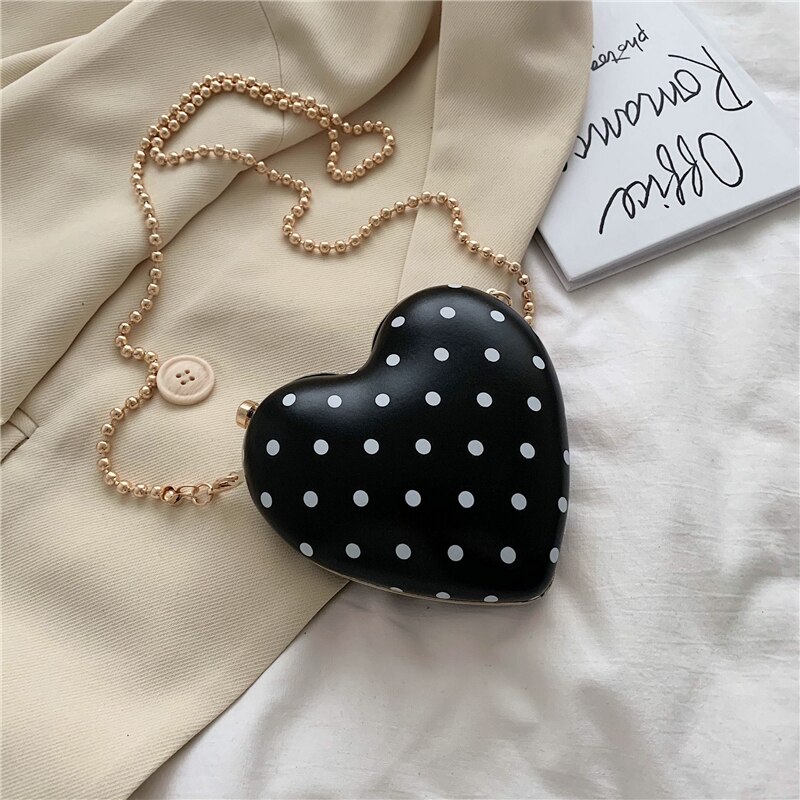 Søt dame hjerteformet mini crossbody veske sommer høy pu lær dameveske kjede skulder messenger bag: Svart