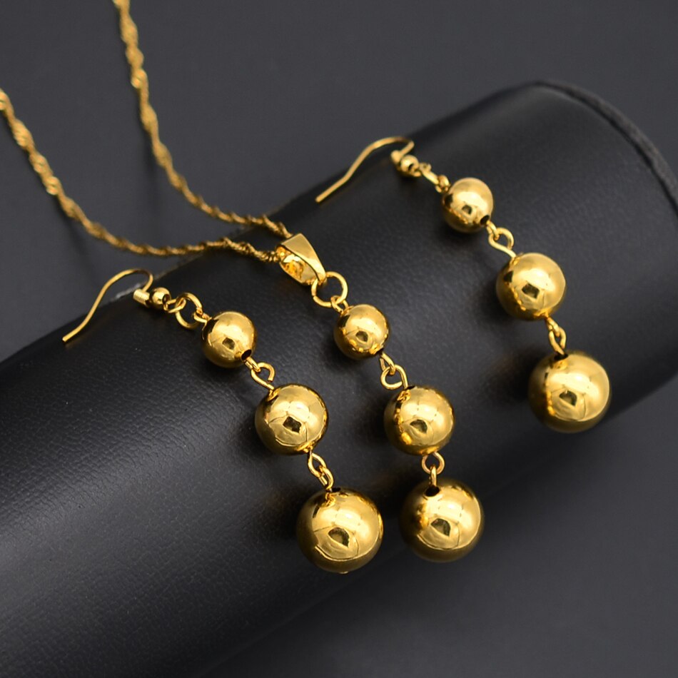 Anniyo – ensemble de bijoux couleur or, 3 boules, pendentif, chaîne, boucles d'oreilles pour femmes, bijoux arabes/africains éthiopiens, #069106