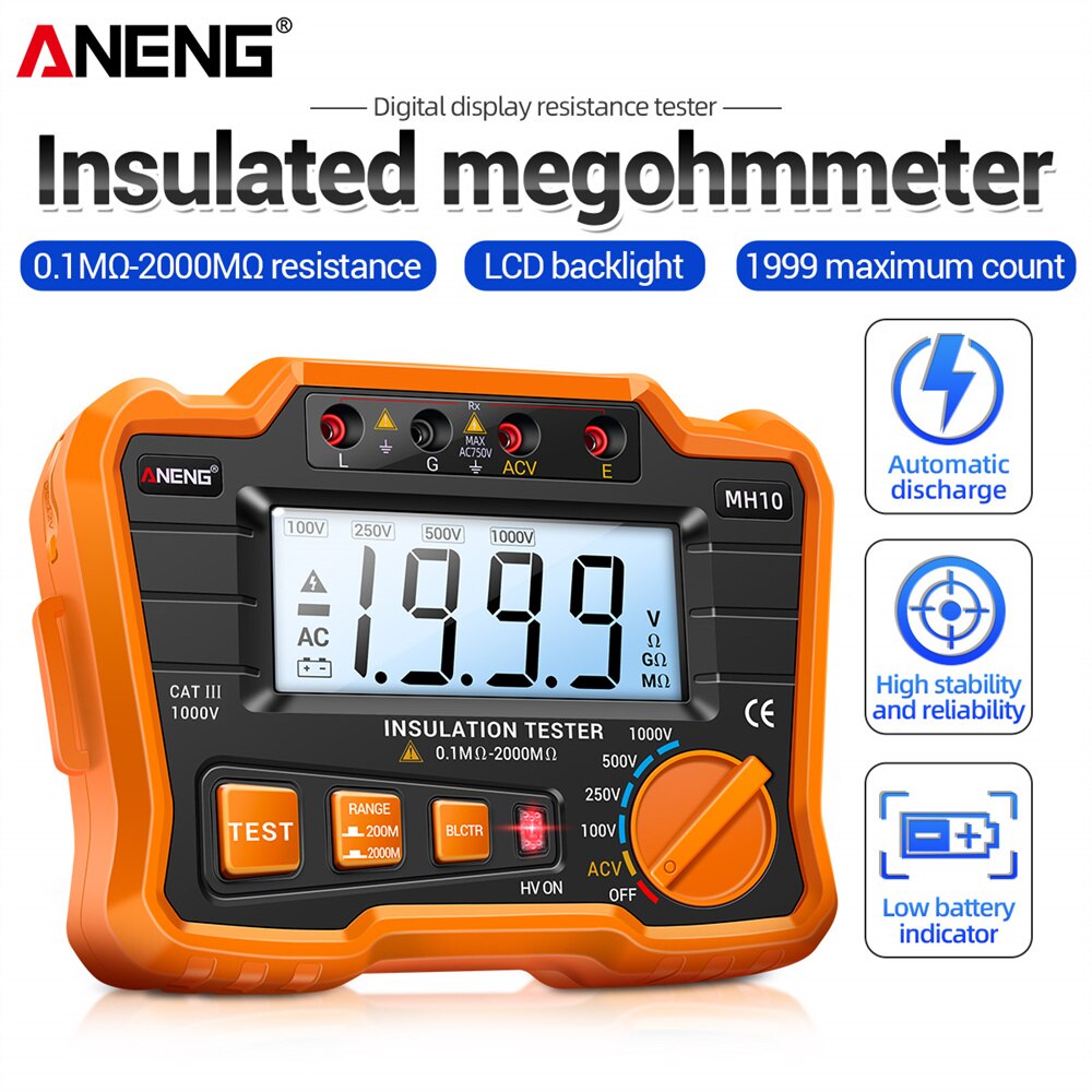 Aneng MH10 Digitale Megohmmeter Megger Meter Isolatie Aarde Ground Resistance 100-1000V Ohm Voltage Tester