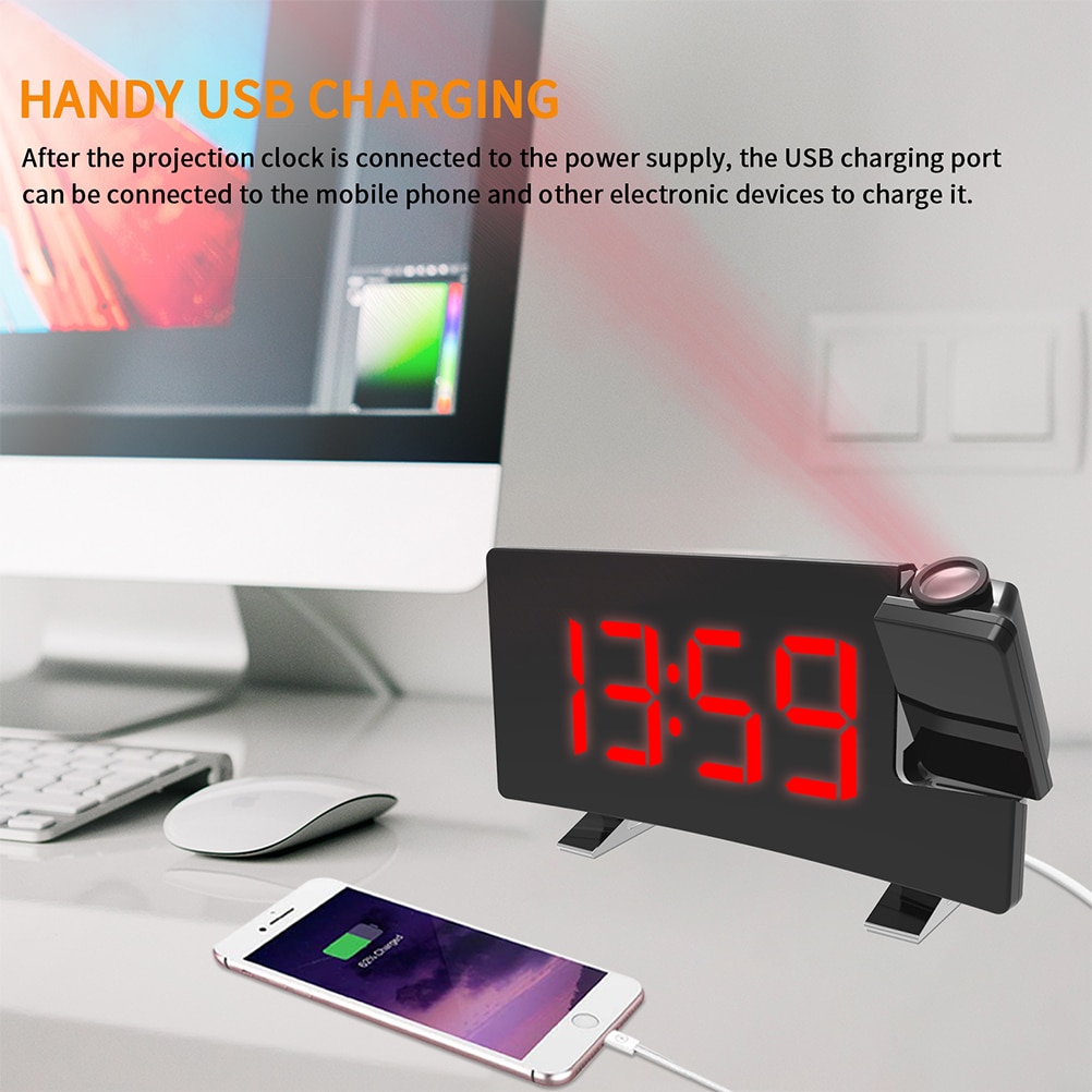 Digital Alarm Clock LED Screen Dual Alarm Snooze Projection Clock Dimmer FM Radio USB Recharge Electronic Clock