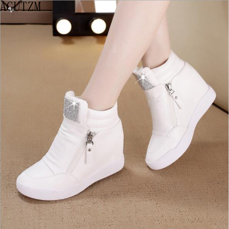 Merke høst vinter plattform kilehæl støvler damesko med økt plattformsåle kvinnelige uformelt glidelås botas  v561